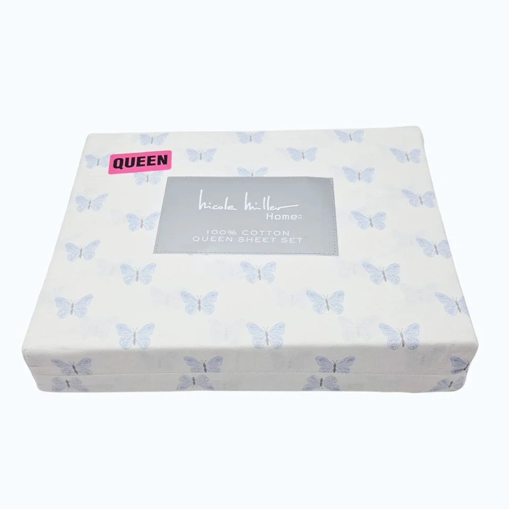 Nicole Miller Queen Sheet Set of 4pc White Blue Butterfly‎ Print 100% Cotton